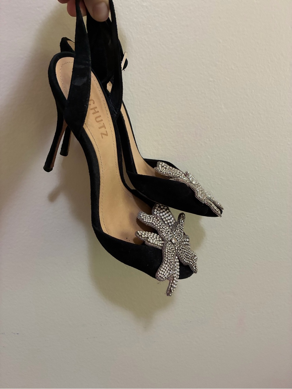 Schutz Black Suede Crystal Flower Ankle-Strap Sandals size 9 - Picture 7 of 10